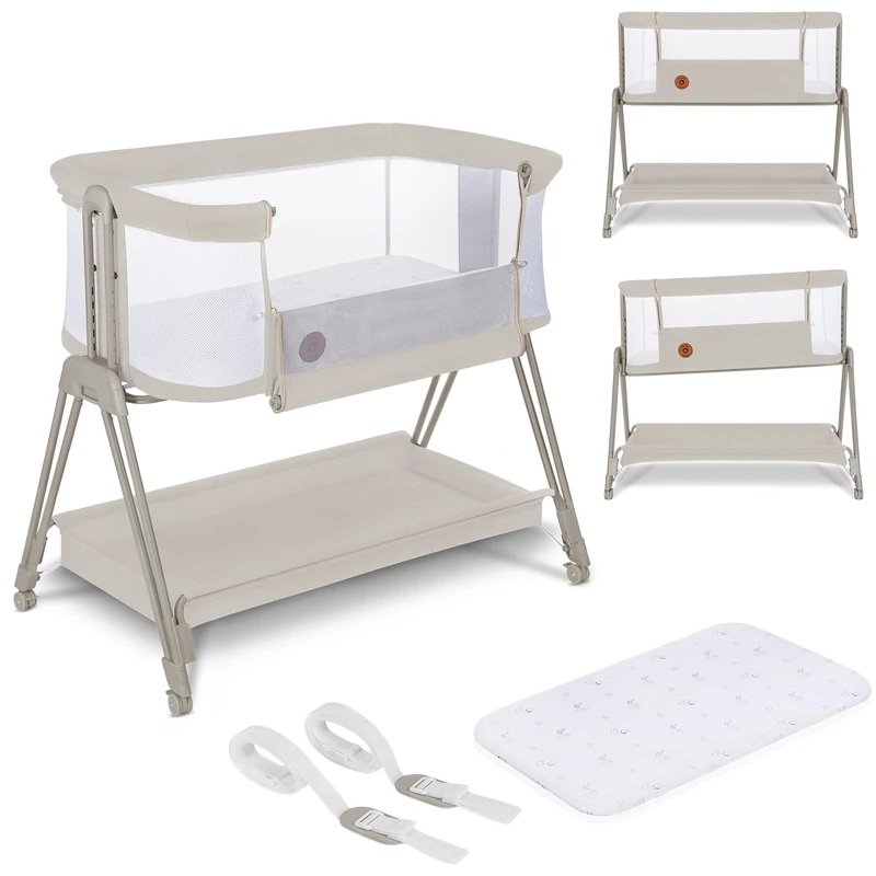 lionelo Luna 2in1 Bedside Crib for babies from Birth to 9kg with Adjustable Height & Incline 4 Lockable Wheels Portable Baby Co-Sleeper Breathable Mesh Washable Mattress & Cover Basket