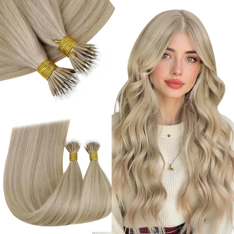 RUNATURE 20 Inch Nano Beads Hair Extensions Real Human Hair Blonde Nano Hair Extensions Human Hair Highlight Dark Blonde Remy Straight Nano Beads Hair 50s/50g #16p22