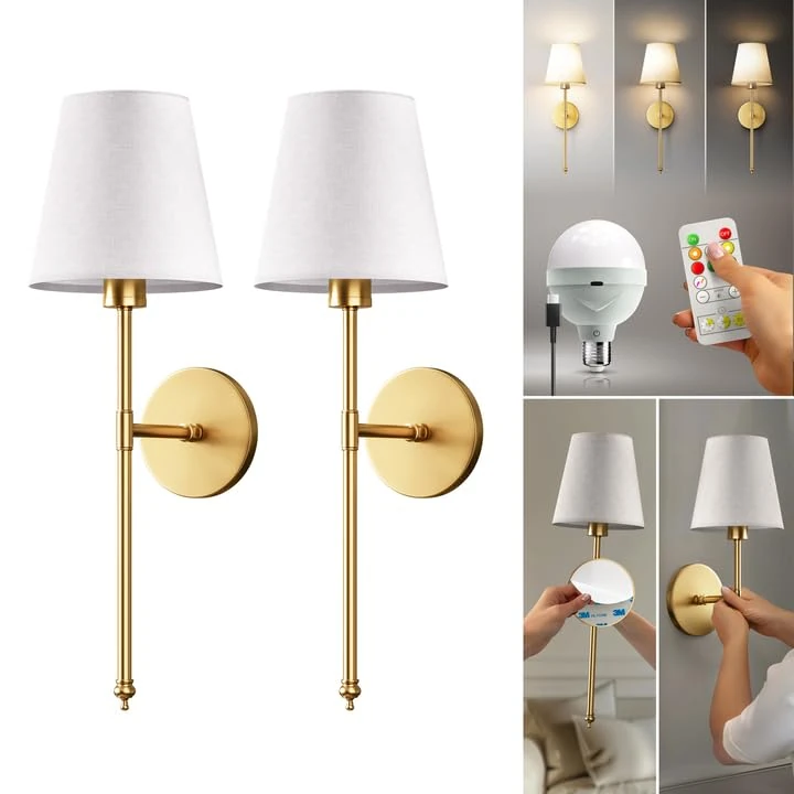 PRIDOLA Set of 2 Wireless Wall Sconces Peel & Stick with Adhesives for Easy Installation with Rechargeable LED Bulbs, Remote Controlled, Adjustable Brightness & Warmth, Living Room Wall Decor (Gold)