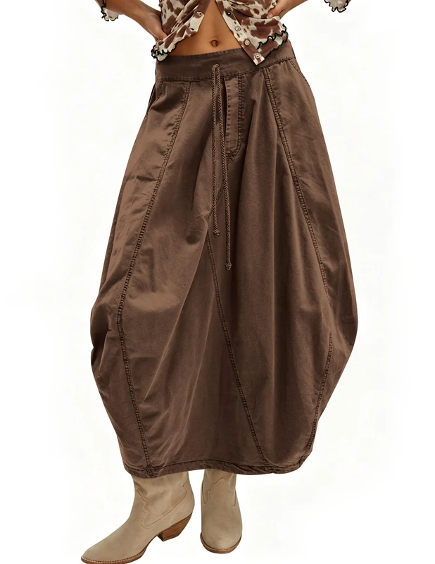 TERIVEEK Women Poplin Midi Skirt Baggy Drawstring Mid Rise Parachute Skirt Y2k Cargo Maxi Long Skirt with Pockets Streetwear, Brown, XL