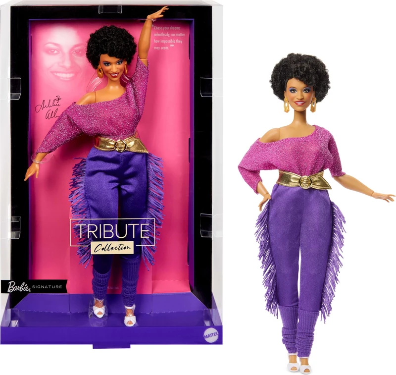 Barbie Signature Doll, Debbie Allen Tribute Collection Posable Doll with Off-Shoulder Top, Gold Belt, and Purple Fringe Pants with Leg Warmers, JBJ24