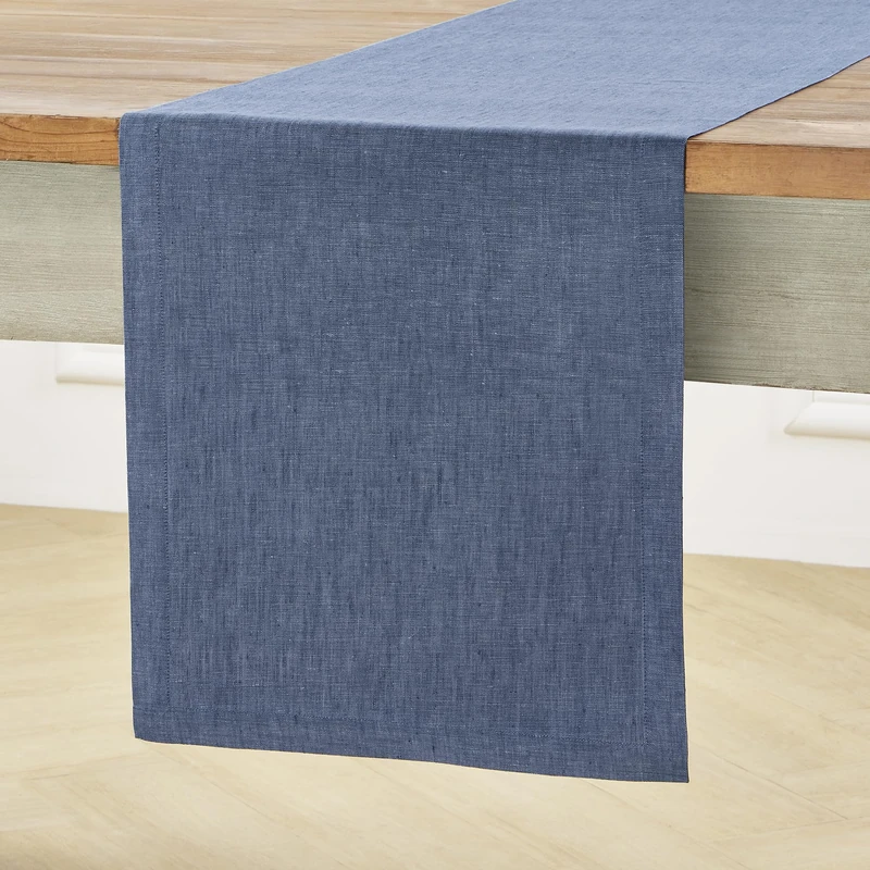 Solino Home Linen Table Runner 108 Inches Long - Athena, 100% Pure Linen Blue Denim Dining Table Runner 14 x 108 Inch for 4th of July, Summer