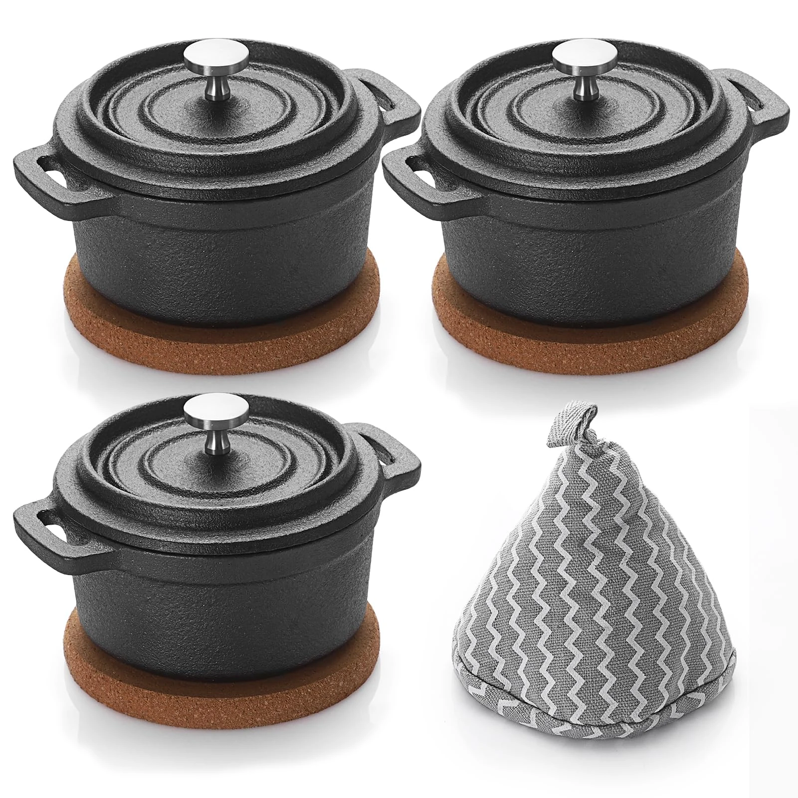 SUMNACON 3 Pcs Cast Iron Mini Dutch Oven Pots, 8 oz Mini Cocotte Pan Kitchen Garlic Roaster Pot Small Round Oven Pot with Lid and Cork Pan Mat for Family Party Picnic