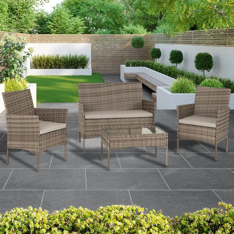 Seconique Willow 4 Piece Garden Set in Grey Rattan/Grey Fabric/Clear Glass