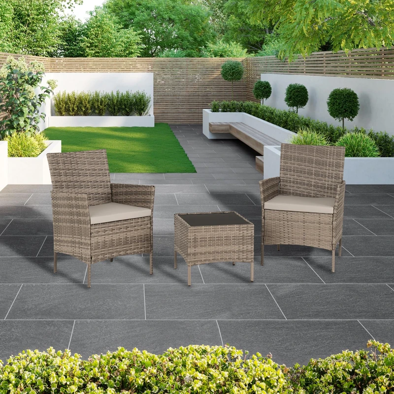 Seconique Willow 3 Piece Garden Set in Grey Rattan/Grey Fabric/Black Glass - Image 1