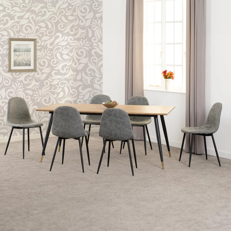 Seconique Hamilton Large Dining Set with Athens Chairs in Medium Oak Effect/Black/Grey Faux Leather