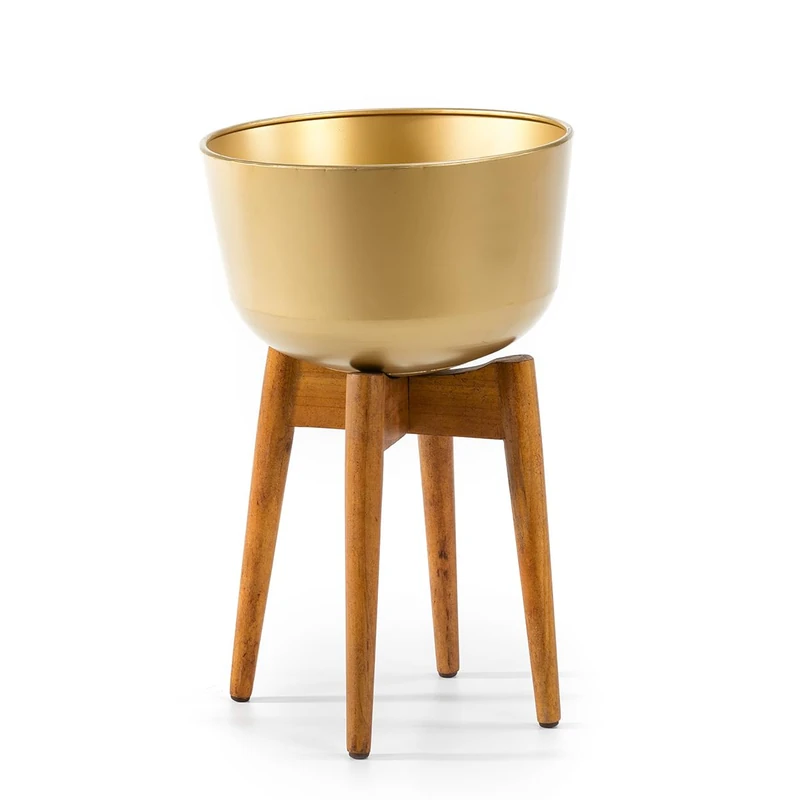 Macetero 34 x 34 x 54 cm Madera Natural/Metal Dorado - Image 1