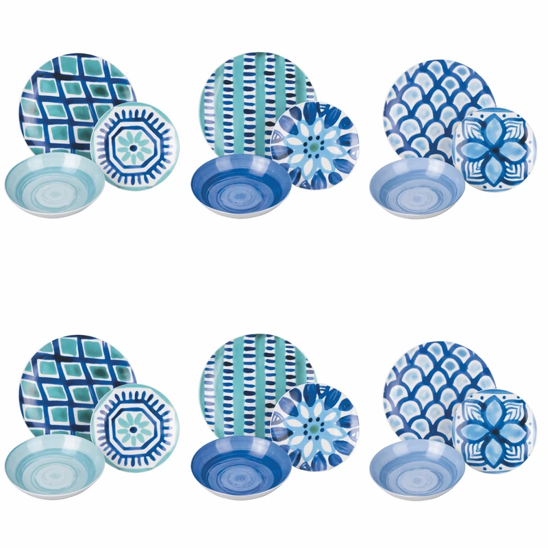 Villa d'Este Home Tivoli Aquazul 18-Piece Porcelain Dinner Set with 3 Different Places