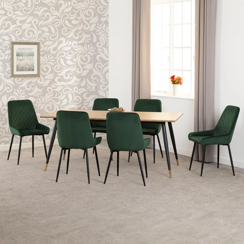 Seconique Hamilton Large Dining Set with Avery Chairs in Medium Oak Effect/Black/Emerald Green Velvet