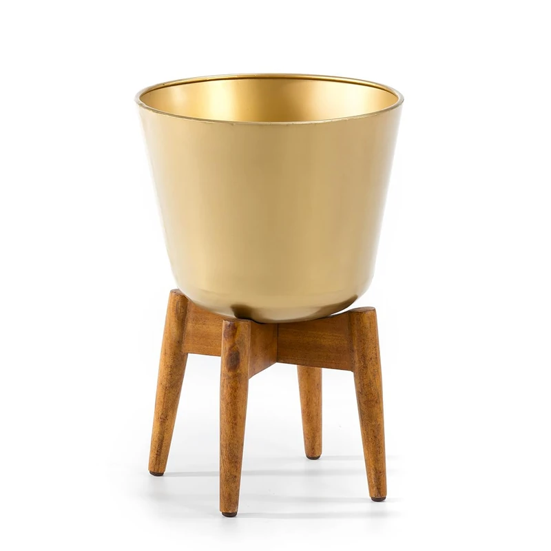 Macetero 32 x 32 x 49 cm Madera Natural/Metal Dorado