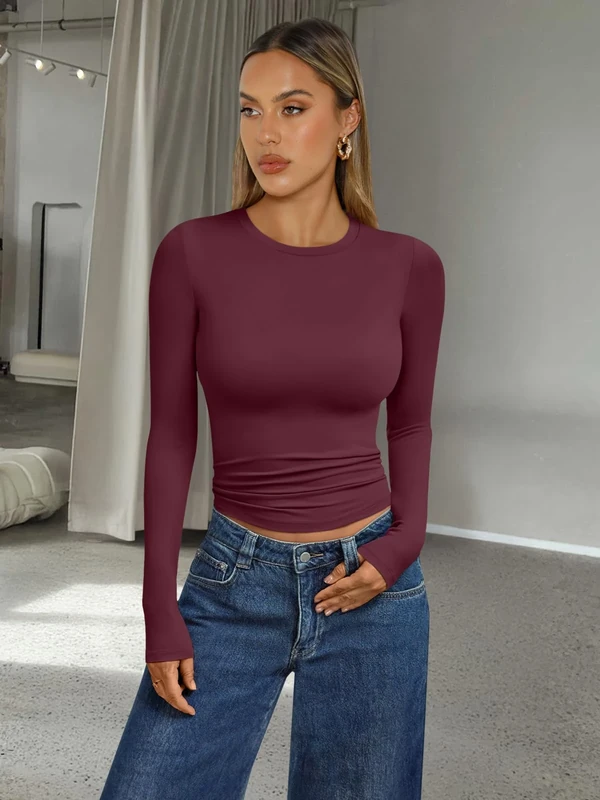 Womens Long Sleeve Shirts Basic Tee Shirt Going Out Y2k Crop Tops Trendy Slim Fit Outfits Cute Fall Fashion Clothes 2025, Wine Red, Large