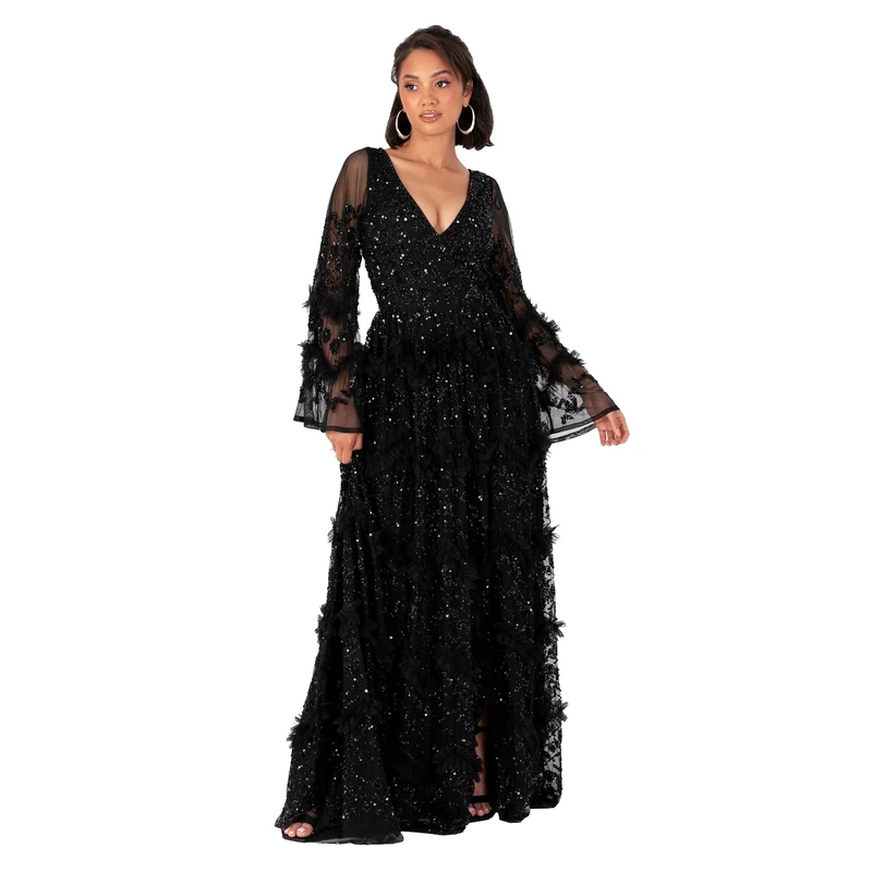 Maya Deluxe Women's Ladies Maxi Dress V Neckline Sequin with Ruffle Empire Waist Slit Split for Prom Ball Bridesmaid Wedding Guest, Black 6