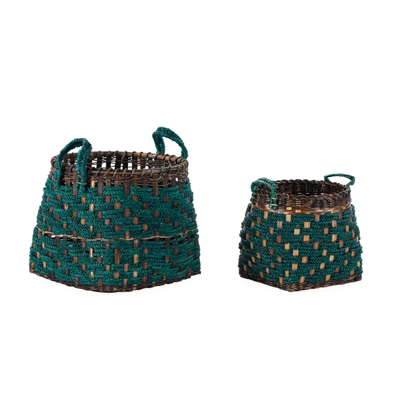 Set of 2 Baskets 50 x 50 x 50 cm / 32 x 32 x 43 cm Bamboo Brown/Jacinto De Agua Green