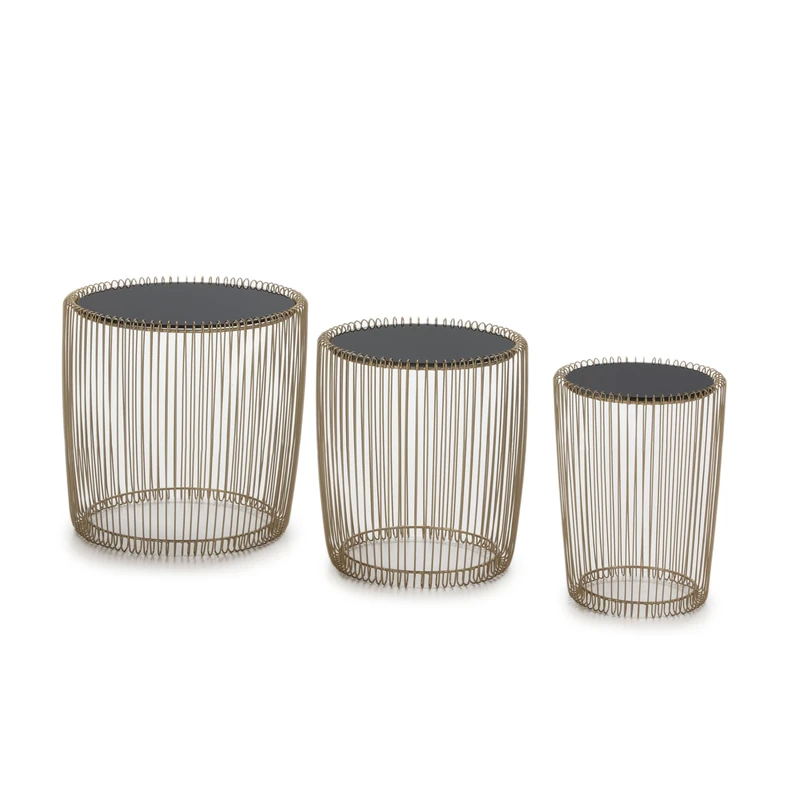 Set of 3 Mesa Auxiliar 45 x 45 x 45 cm / 38 x 38 x 43 cm / 30 x 30 x 40 cm Crystal Black/Metal Dorado