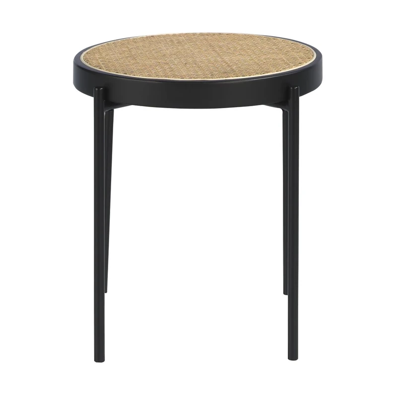 AlexandreHouse Mesa rincón redonda con tapa de rattan y aro circular de madera DM lacada en Mate. Estructura de las patas en maple inoxidable colour
