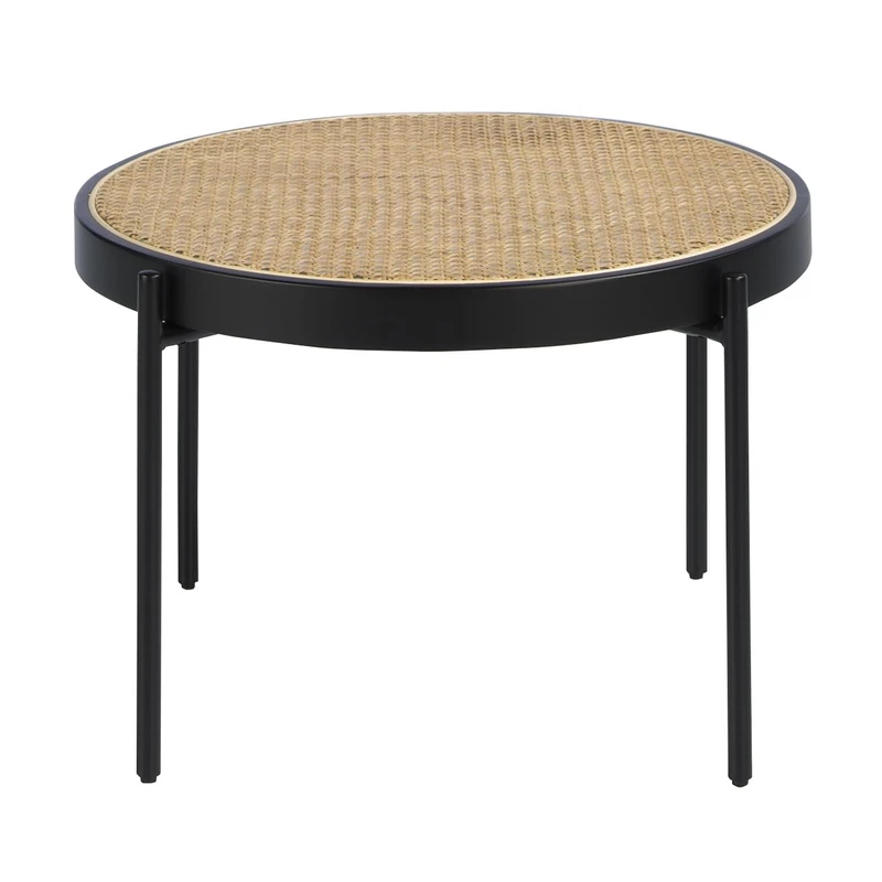 AlexandreHouse Mesa centro redonda con tapa de rattan y aro circular de madera DM lacada en Mate. Estructura de las patas en maple stainless steel colour