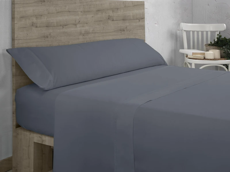 AlexandreHouse Juego de sábanas de algodón orgánico color ceniza. Acabado en doble pespunte. Cama de 180 cm. 4 pieces