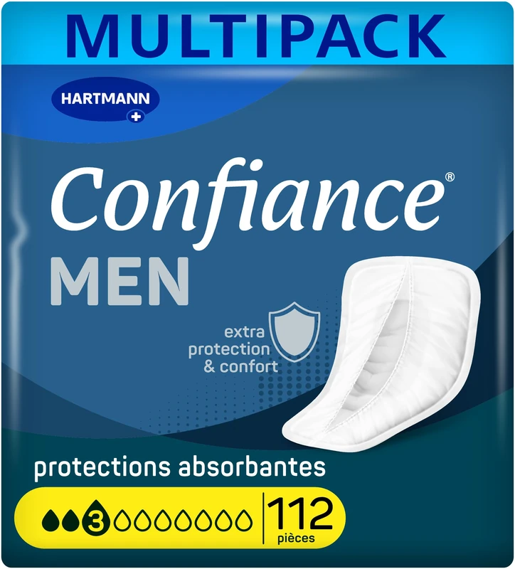 Confiance Men Small Absorbent Anatomical Protectors for Men – Discreet – Absorption Level = 3 Drops (Medium Urinary Leakage) – pH Neutral to The Skin – 8 x 14 Units