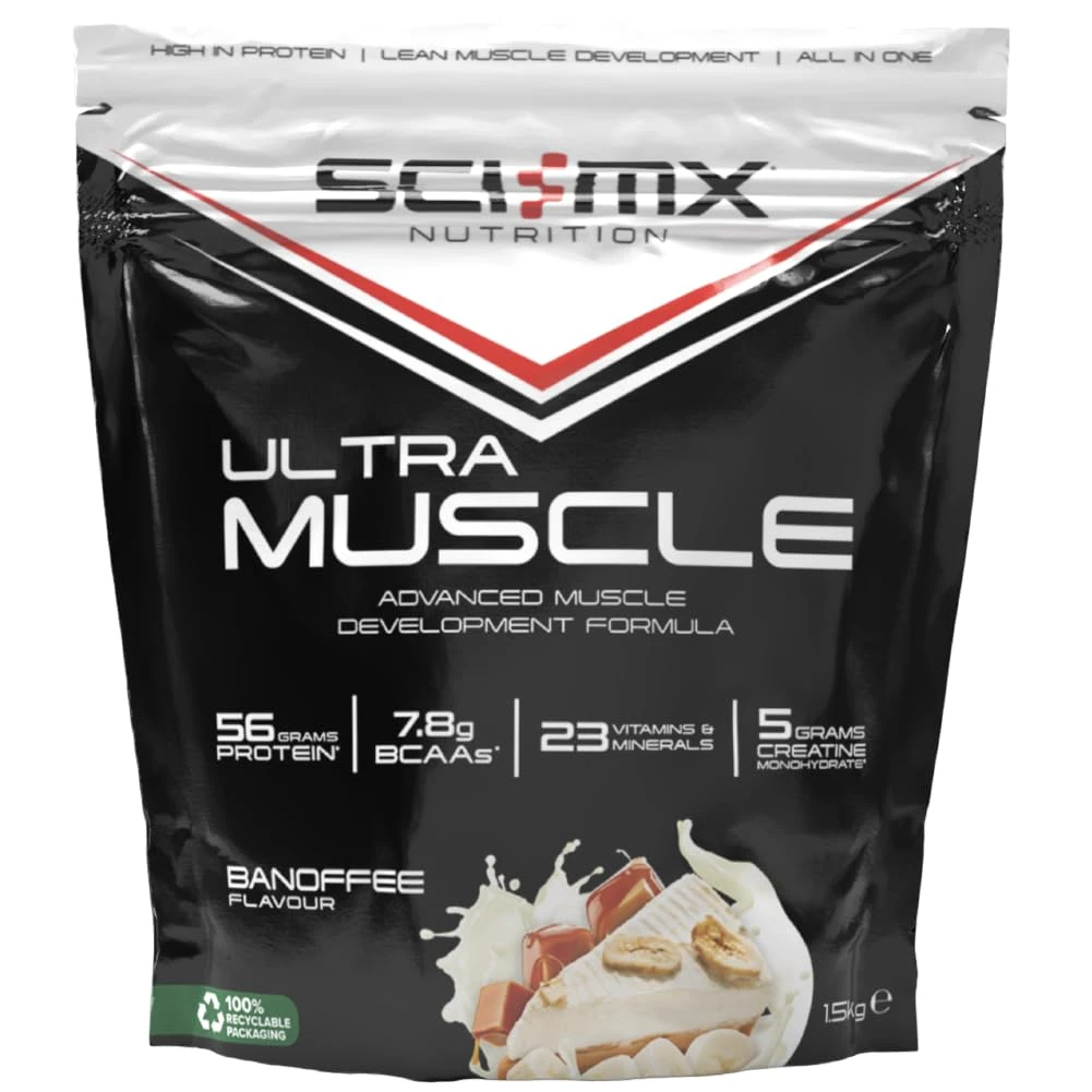 SCI-MX Ultra Muscle - Protein Powder for Muscle Development + 23 Vitamins & Minerals - Banoffee • 56g Protein + 5g Creatine + 7.8g BCAAs per Serving • 1.5kg