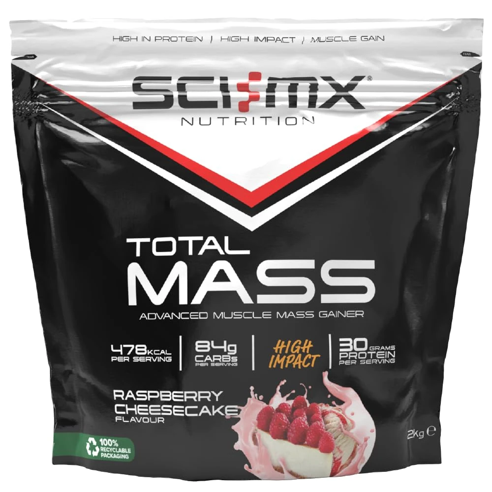 SCI-MX Total Mass - Advanced Muscle Mass Gainer Protein Powder - Muscle Growth & Weight Gain - Raspberry Cheesecake • 32g Protein + 478 Calories per Serving • 2kg