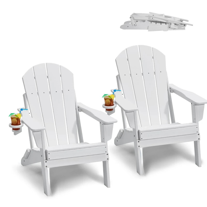 VEVOR Adirondack Chair Plastic, Set of 2 All-Weather Portable Folding Fire Pit Chair, Outdoor Adirondack Patio Chair with Cup Holder, with Relaxing Arm Rest Ergonomic, for Garden, Backyard - White