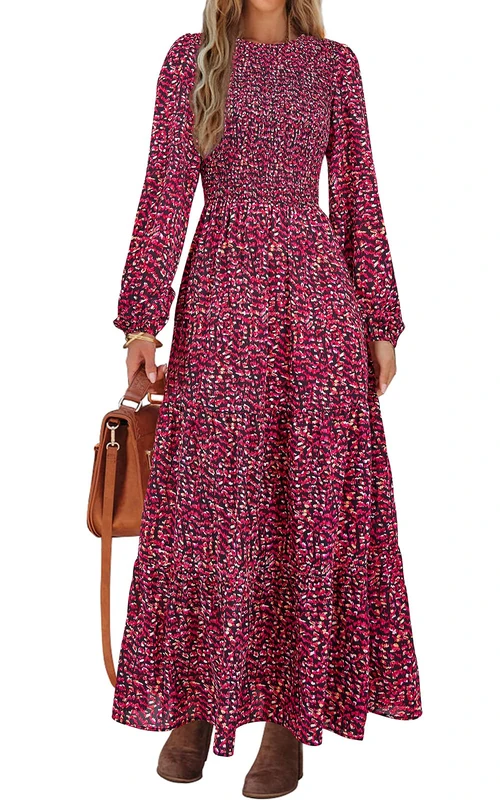 PRETTYGARDEN Women's Fall Dresses 2024 Long Sleeve Flowy Casual Floral Maxi Dress Crew Neck Smocked Tiered Long Dress, Floral Black Red, XL