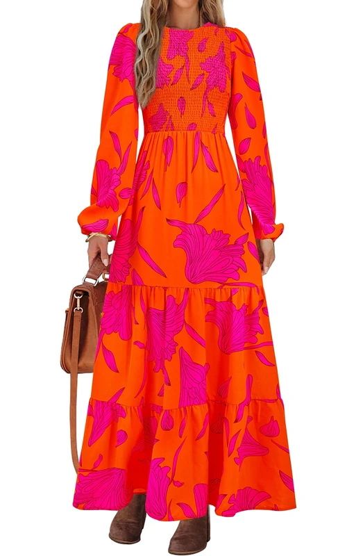PRETTYGARDEN Women's Fall Dresses 2024 Long Sleeve Flowy Casual Floral Maxi Dress Crew Neck Smocked Tiered Long Dress, Orange Rose Red Flower, M