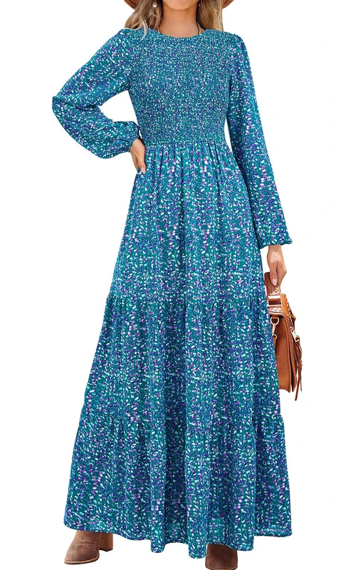 PRETTYGARDEN Women's Fall Dresses 2024 Long Sleeve Flowy Casual Floral Maxi Dress Crew Neck Smocked Tiered Long Dress, Floral Purple Green, M