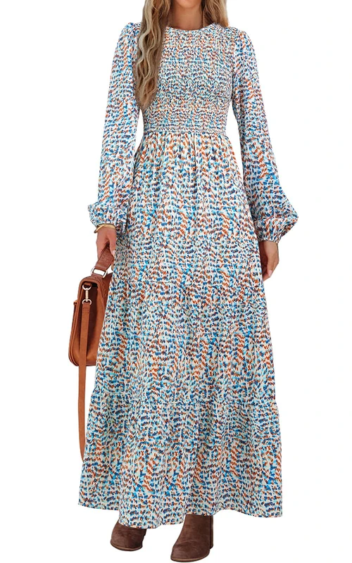 PRETTYGARDEN Women's Fall Dresses 2024 Long Sleeve Flowy Casual Floral Maxi Dress Crew Neck Smocked Tiered Long Dress, Floral Blue White, M