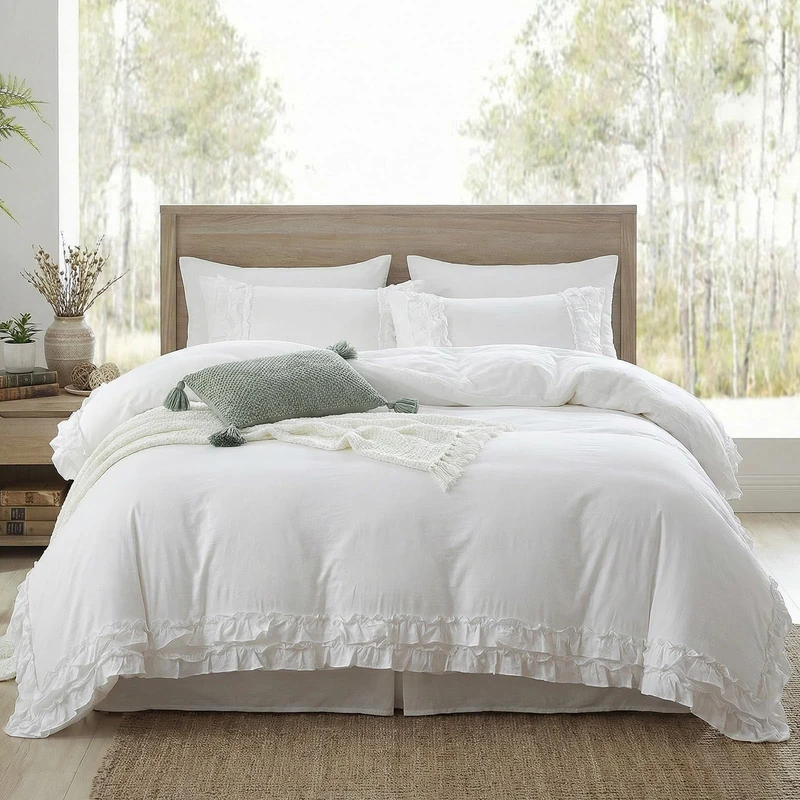 Bedorm White King Duvet Cover Pure Ivory Ruffle Bedding Set Pleat Ruffled Shabby Chic Comforter Cover Extra Soft & Easy Care White Boho Duvet Cover Set