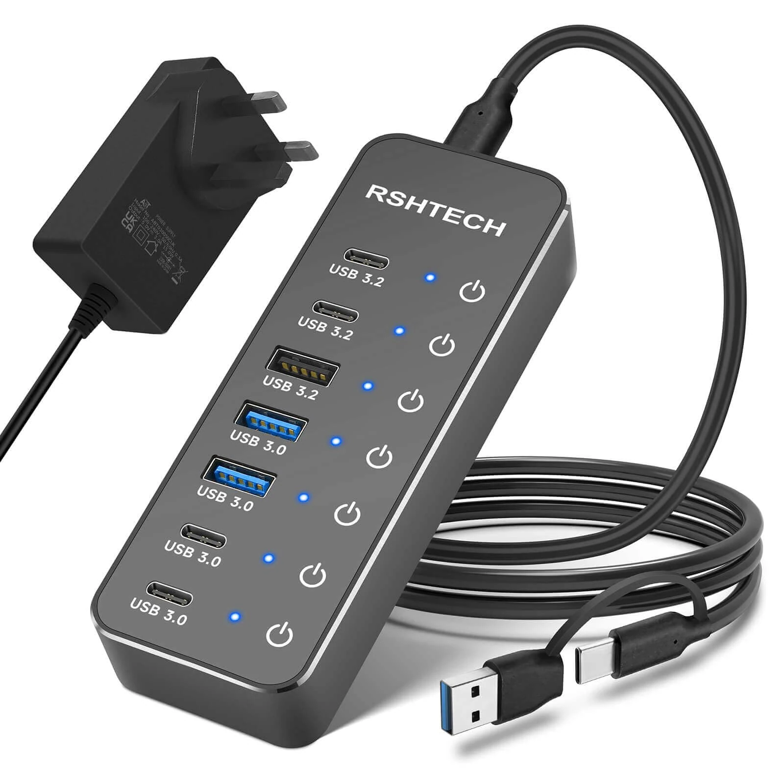 RSHTECH Powered USB Hub, 7-Port USB-C Hub Splitter with 3x 10Gbps USB 3.2 Data Port (2C+1A), 4x 5Gbps USB 3.0 Ports (2C+2A), Aluminum USBC Multiport Adapter with 3.3ft USB C/A Long Cable