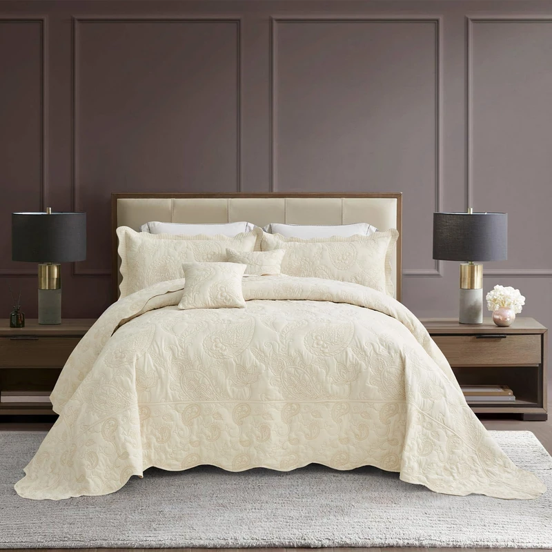 HZ & HY Oversized King Bedspread 128x120, Stitched Paisley, Ivory Yellow