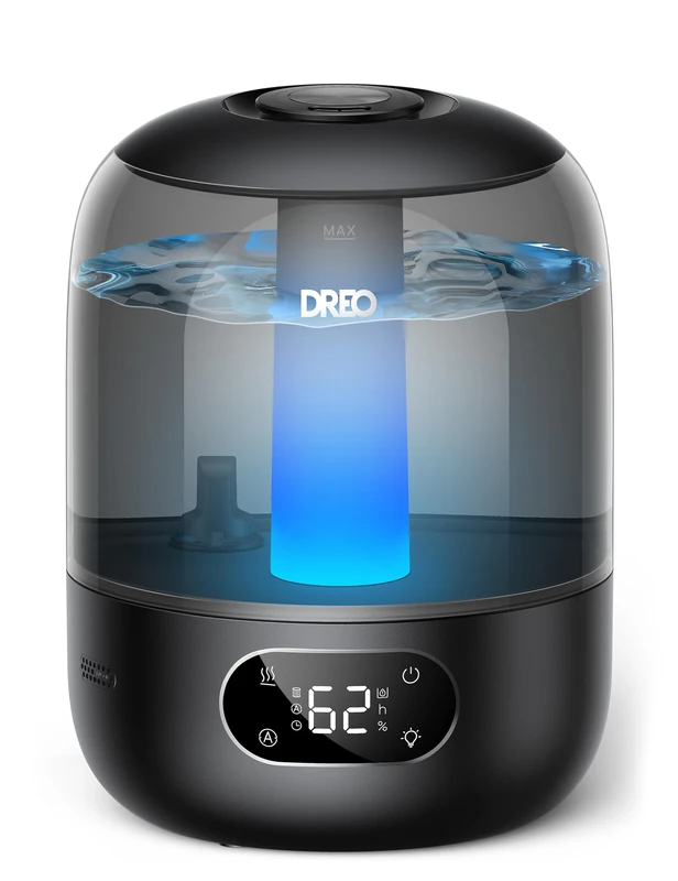 Dreo Humidifier for Bedroom with Sensor, 26dB Quiet Cool Mist Ultrasonic Humidifiers for Home, 360° Nozzle, 30H Runtime, Ambient Light Indicator, Essential Oil Diffuser, Room, Plants, Nursery, Black