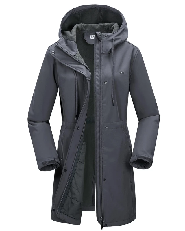 33,000ft Women’s Softshell Jacket with Hood Waterproof Ladies Functional Jacket Fleece Lined Windbreaker Breathable Raincoat Hooded Long Coats for Cycling Hiking Outdoor Stone Grey M