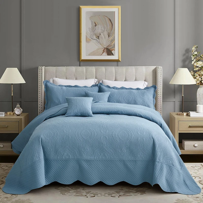 HZ & HY Oversized Alaskan King Bedspread 138x122, Damask, Ashley Blue