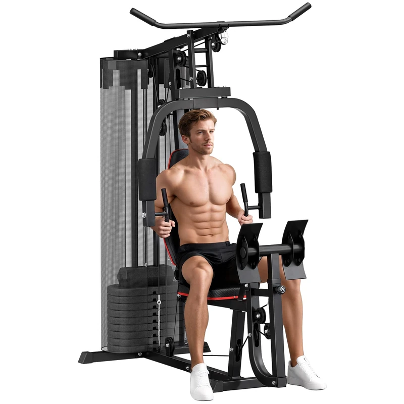 SPORTNOW Compact Home Gym System with 45kg Weight Stack, Weights Machine, Mult-Gym Leg Press Machine Dual-Action Chest Station for Full Body Fitness Training
