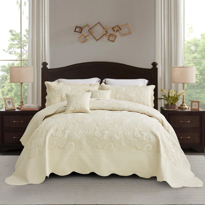 Blythease Oversized King Bedspread, Stitched Paisley, Ivory Yellow
