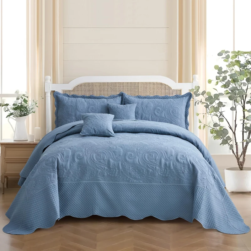 Blythease Oversized King Bedspread, Stitched Paisley, Smokey Blue