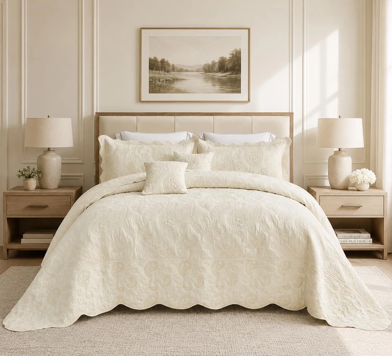 HZ & HY Oversized Alaskan King Bedspread 138x122, Paisley, Ivory Yellow