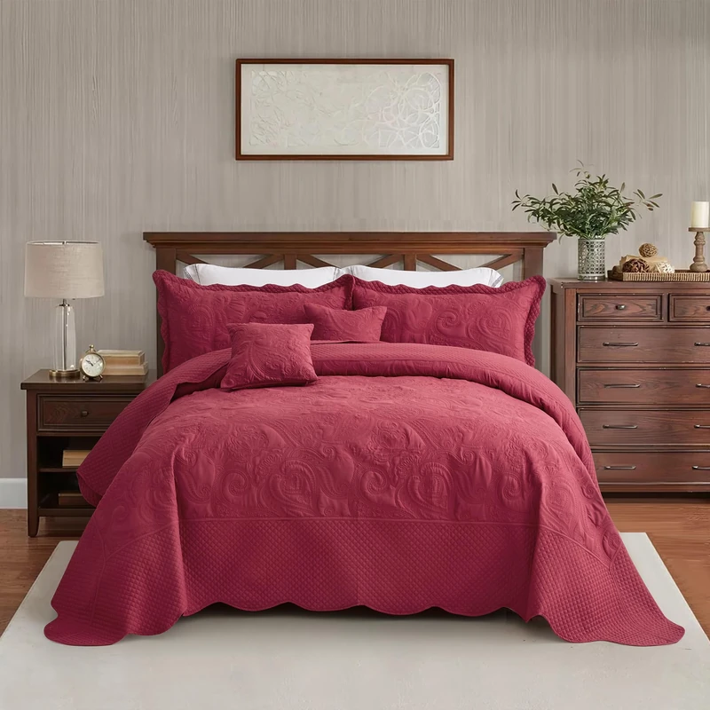 Blythease Oversized King Bedspread, Stitched Paisley, Wine Red