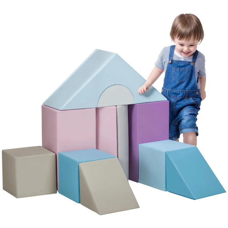 HOMCOM 11-Piece Soft Play Equipment for Toddlers, Kids Soft Play Set, Foam Blocks for Climbing, Crawling, Ages 1-3 Years, Blue