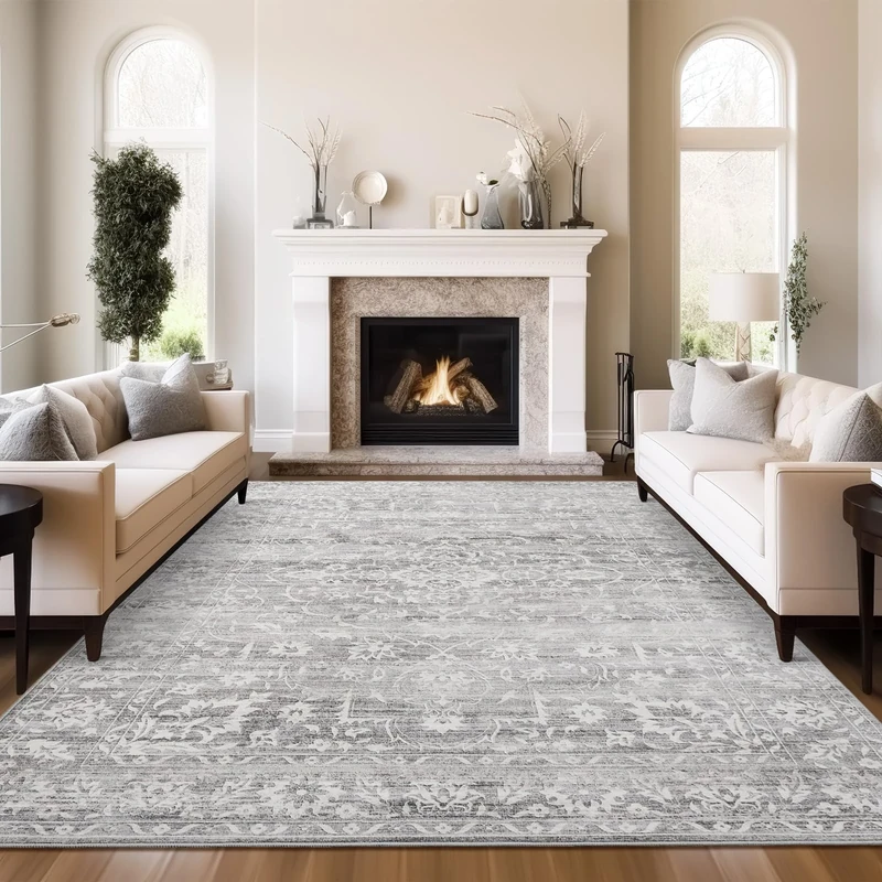 Soalmost 10x14 Area Rugs for Living Room Large Washable Rugs for Bedroom Floral Vintage Non-Slip Thin Area Rug Indoor Home Office Decor Grey