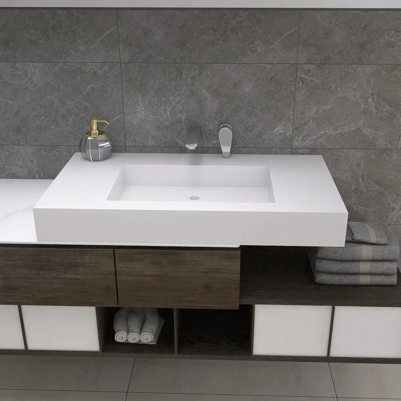 MEDUNJESS 35"X19" Wall Mount Sink Matte Bathroom Vanity Vessel Sinks Artificial Stone Rectanglee Indoor Outdoors Modern Floating or Countertop Freestanding Wall Hang Sink Bowl (without Holes 35'')