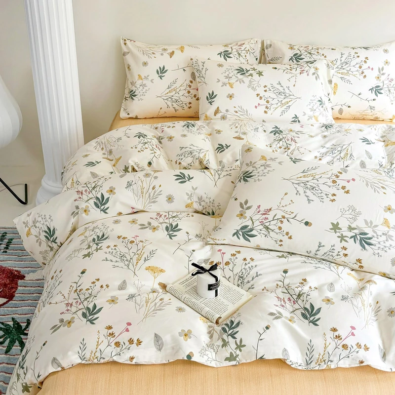 HighBuy Cotton 3 Piece Duvet Cover Full Yellow Floral Bedding Set Full Girls Botanical Coquette Comforter Cover with Zipper,Chic Garden Style Green Botanical Duvet Cover Set Vintage Soft