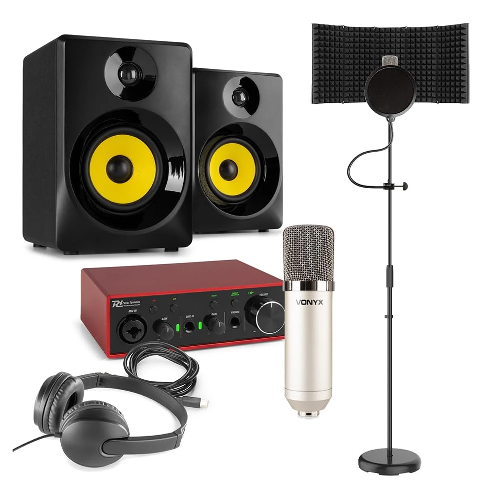 Power Dynamics Vonyx CM400 Vocal Recording Kit - Complete Home Studio Package with Microphone, USB Audio Interface, Reflection Filter, Headphones & 140W Studio Monitors