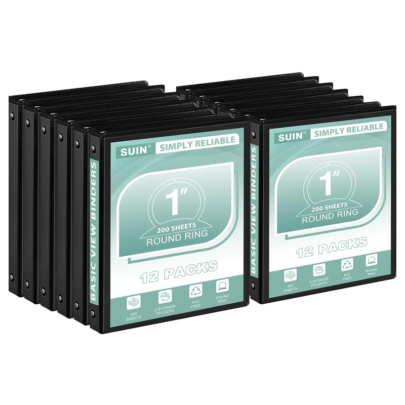 SUIN Economy 1-Inch 3-Ring-Binder, Round Ring Binder, Customizable Clear View Cover, 1'' Binders for Office/School (Black-12 Pack)