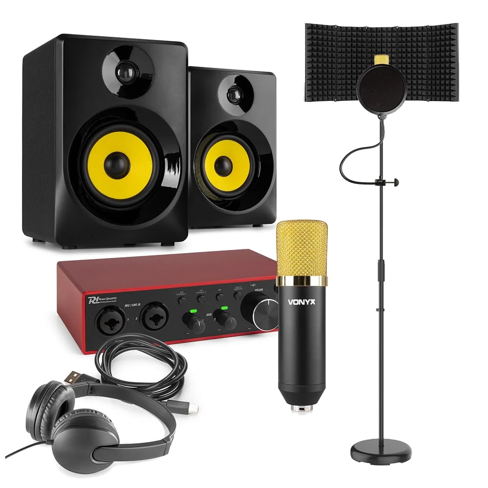 Power Dynamics PD PDX22 Home Recording Studio Kit with CM400B Vocal Microphone, USB Audio Interface, 140W Monitor Speakers, Pop Filter, Mic Stand & Headphones, Complete Vocal Recording Package