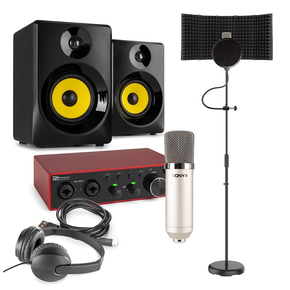 Power Dynamics PD PDX22 Home Recording Studio Kit – Vocal Microphone, USB Audio Interface, 140W Monitors, Reflection Filter, Stand & Headphones, Perfect Package for Podcasts and Music Production