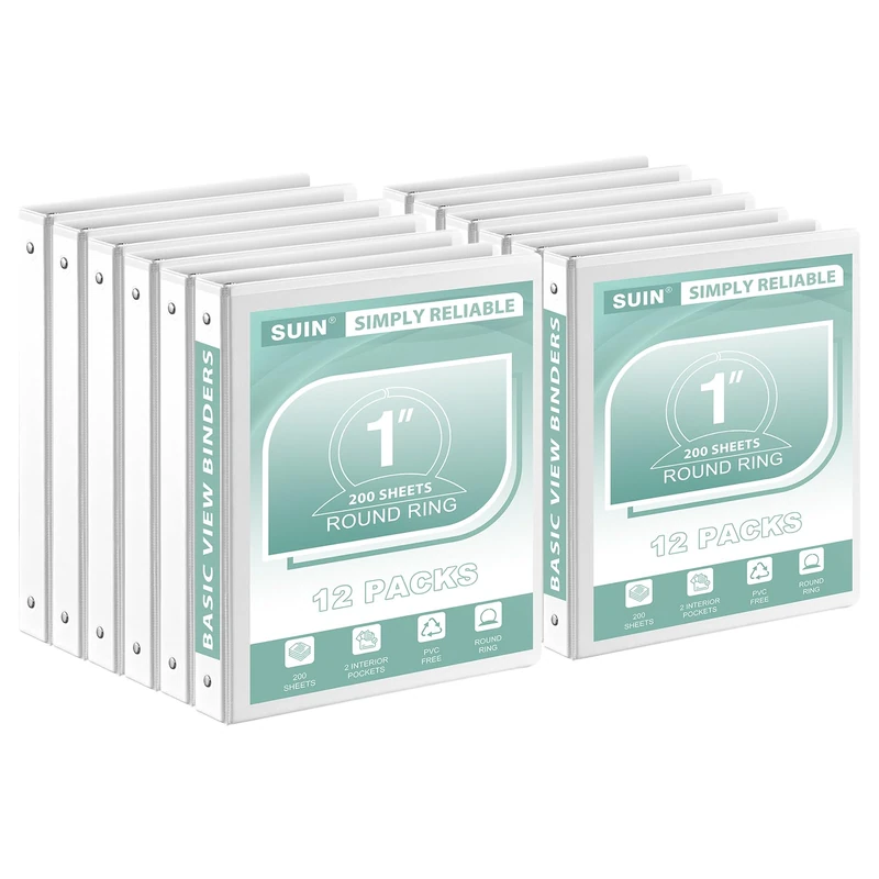 SUIN Economy 1-Inch 3-Ring-Binder, Round Ring Binder, Customizable Clear View Cover, 1'' Binders for Office/School (White - 12 Packs)