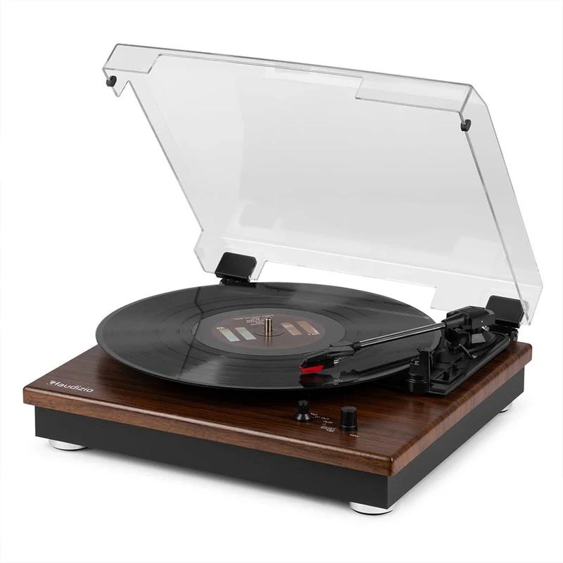 Audizio RP112D Dark Wood 3-Speed Vinyl Record Player with Bluetooth Output, Built In Speaker, RCA Connection, Connects to External Bluetooth Speaker